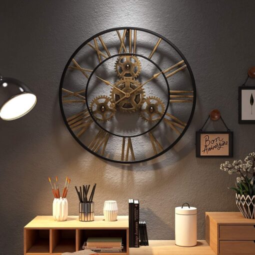 SND Home Decor Large Gear Wall Clock - Oversized 3D Steampunk Roman Numeral Wall Clock - Silent Retro Rustic Country Decorative Wall Clock for Living Room, Dining Room, Home, Farmhouse - Gold Black (40cm) - Image 3