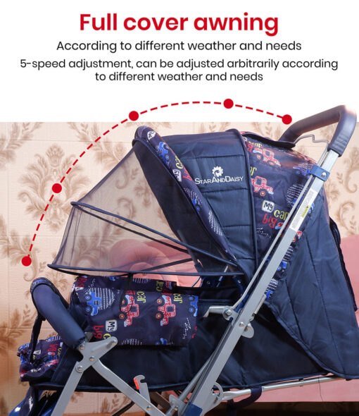 [Refurbished] StarAndDaisy Sunrise Baby Stroller and Pram with Extended Mosquito Net and Ultra Soft Cushions & Reversible Handlebar (Blue Print | Beta) - Image 13