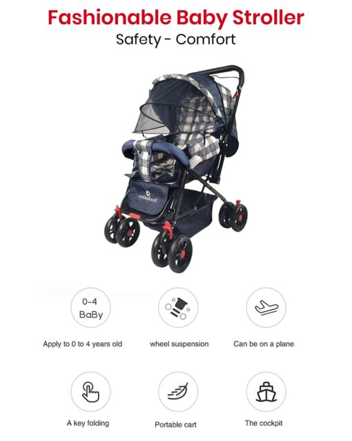 [Refurbished] StarAndDaisy Sunrise Baby Stroller and Pram with Extended Mosquito Net and Ultra Soft Cushions & Reversible Handlebar (Blue Print | Beta) - Image 11