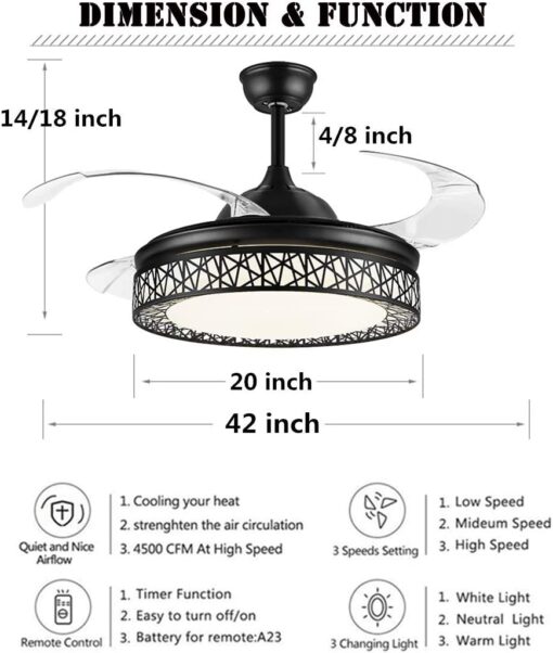SND Home Decor Black Beast Ceiling Fan with Light, Modern Invisible Ceiling Fan Chandelier with Retractable Blade, Dimmable LED 3 Lighting 3 Speeds Change Ceiling Fans lights with Remote Control (Size - 48inch) - Image 2
