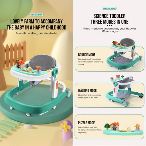 StarAndDaisy Baby's Charm 'The Elegant Walker' with Height Adjustment, Breathable Cushioned seat, Anti-O-Leg Design, Early Education Music/ Toy Tray, Foot Cushion, Foldable (Multicolored Green) - Image 3