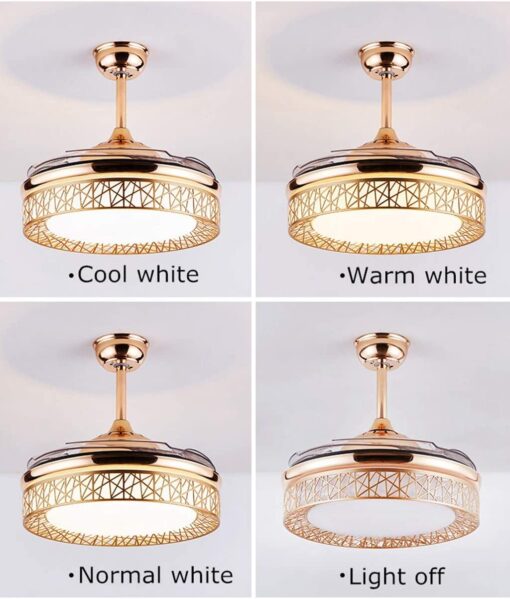 SND Home Decor Golden Angel Ceiling Fans 4 Retractable Blades LED Ceiling Fan Three Color Change Crystal Chandelier with Remote Control (Gold | Size - 36inch) - Image 2