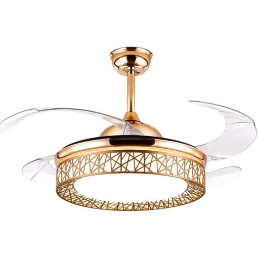 SND Home Decor Golden Angel Ceiling Fans 4 Retractable Blades LED Ceiling Fan Three Color Change Crystal Chandelier with Remote Control (Gold | Size - 36inch)