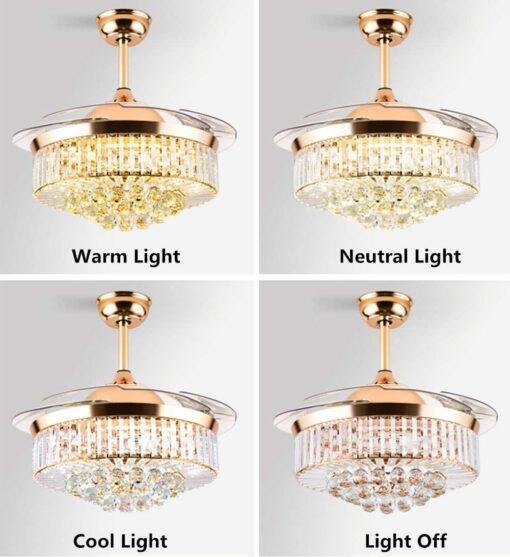 SND Home Decor Luxury Crystal Ceiling Fan with Light Remote Control Retractable Blades Lighting Fixtures 3 Speeds 3 Color Changes Luxury Chandelier , Silent Motor With LED Bulbs Included (Gold | 42inch) - Image 4