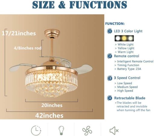 SND Home Decor Luxury Crystal Ceiling Fan with Light Remote Control Retractable Blades Lighting Fixtures 3 Speeds 3 Color Changes Luxury Chandelier , Silent Motor With LED Bulbs Included (Gold | 42inch) - Image 2
