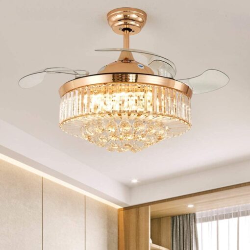 SND Home Decor Luxury Crystal Ceiling Fan with Light Remote Control Retractable Blades Lighting Fixtures 3 Speeds 3 Color Changes Luxury Chandelier , Silent Motor With LED Bulbs Included (Gold | 42inch)