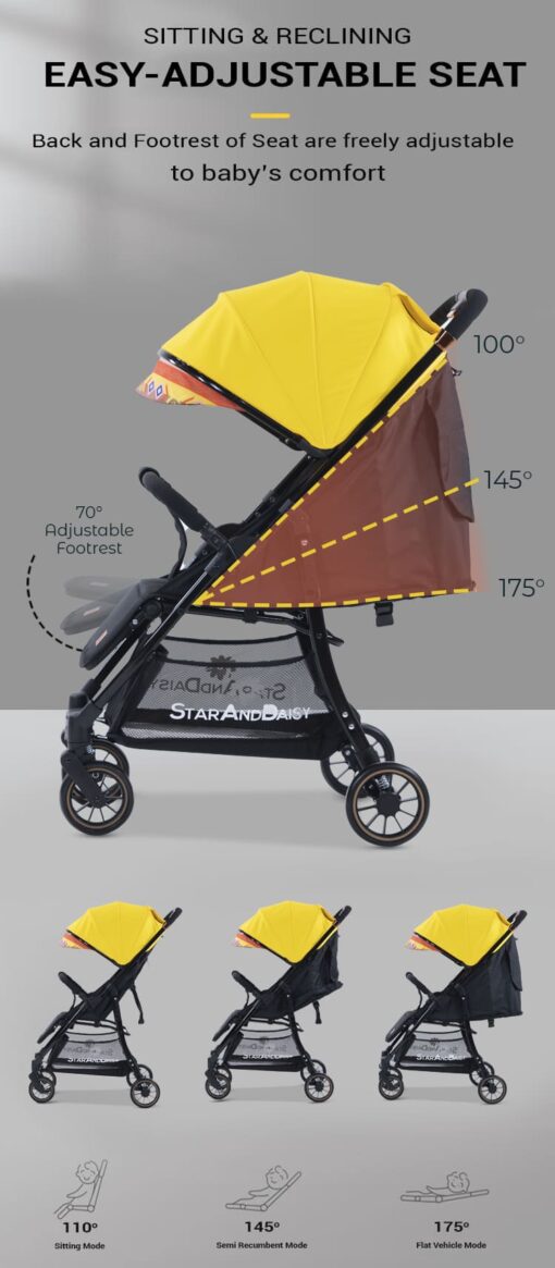 [Refurbished] StarAndDaisy Mompush Lightweight Travel Luxury Stroller, Compact One-Hand Fold, Reclining Seat and XL Canopy, & Cup Holder (Yellow) - Image 12