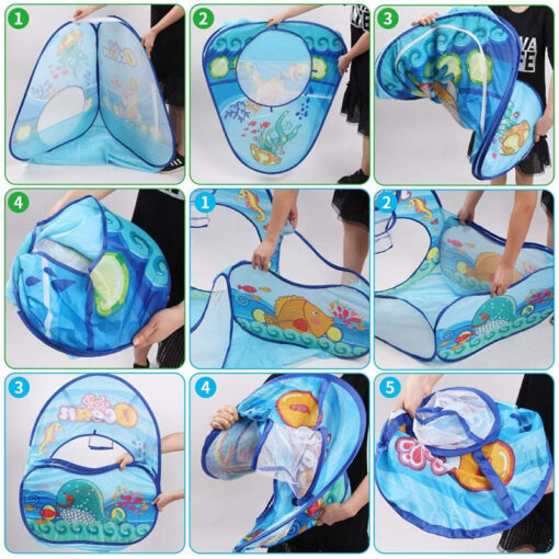 3-in-1 Pop Up Play Tent House with Tunnel & Ball Pool for Kids - Ocean Theme (Absorted Colour And Prints) - Image 4