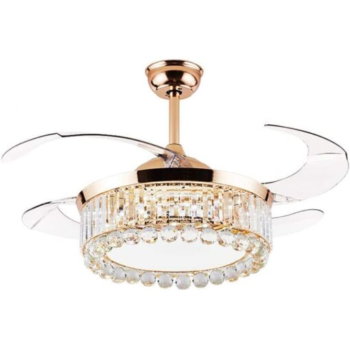 SND Home Decor Luxury Crystal Ceiling Fan with Light Remote Control Retractable Blades Lighting Fixtures 3 Speeds 3 Color Changes Luxury Chandelier , Silent Motor With LED Bulbs Included (Gold | 42inch)