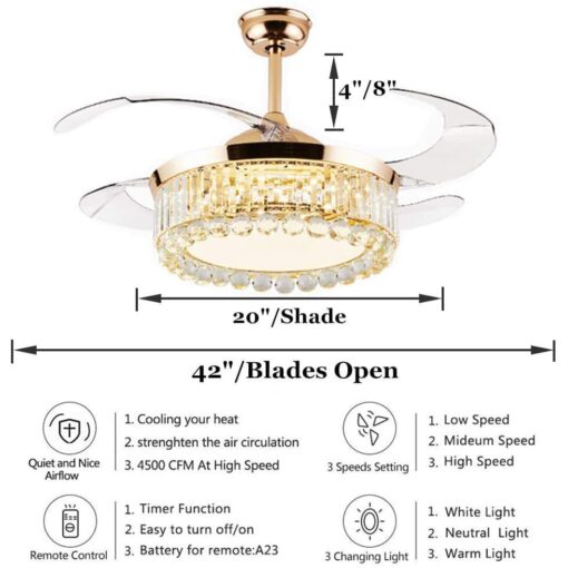 SND Home Decor Luxury Crystal Ceiling Fan with Light Remote Control Retractable Blades Lighting Fixtures 3 Speeds 3 Color Changes Luxury Chandelier , Silent Motor With LED Bulbs Included (Gold | 42inch) - Image 6