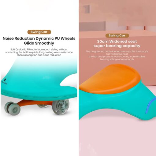 StarAndDaisy Lil Rider Wiggle Car- An awesome twister / swing car for kids 24 months and above- LED Illuminated wheel with music, noiseless thick PU wheel for effortless driving (Green Orange) - Image 4