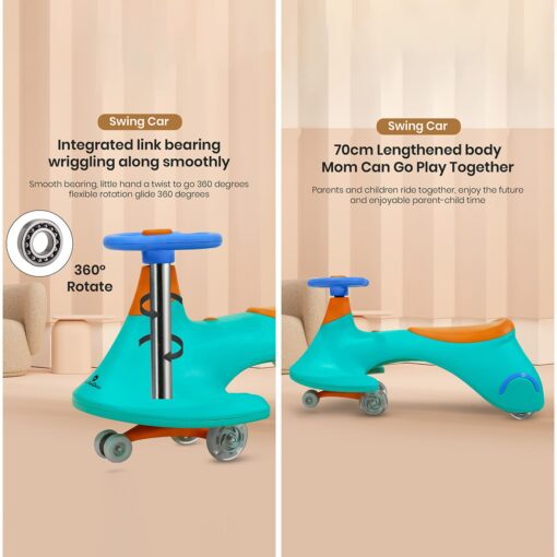 StarAndDaisy Lil Rider Wiggle Car- An awesome twister / swing car for kids 24 months and above- LED Illuminated wheel with music, noiseless thick PU wheel for effortless driving (Green Orange) - Image 5