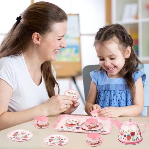 Kids Tea Set Tin 15 Piece Pink Tin Tea Party Set for Tea Party and Kids Kitchen Pretend Play with a Carry Case For 3 years and up - Image 2