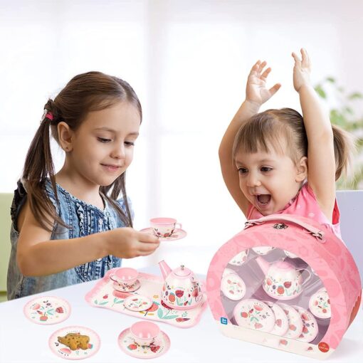 Kids Tea Set Tin 15 Piece Pink Tin Tea Party Set for Tea Party and Kids Kitchen Pretend Play with a Carry Case For 3 years and up - Image 3