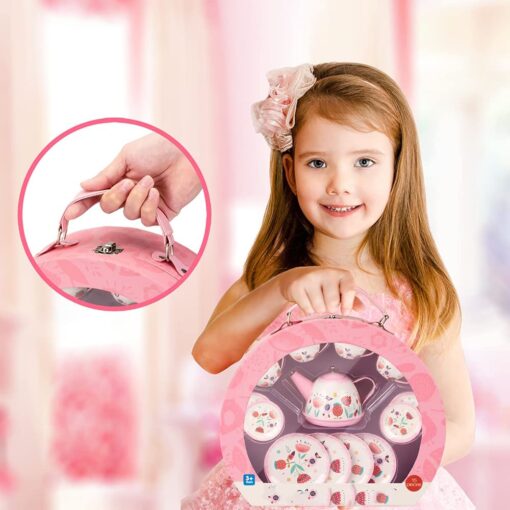 Kids Tea Set Tin 15 Piece Pink Tin Tea Party Set for Tea Party and Kids Kitchen Pretend Play with a Carry Case For 3 years and up - Image 4