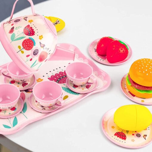 Kids Tea Set Tin 15 Piece Pink Tin Tea Party Set for Tea Party and Kids Kitchen Pretend Play with a Carry Case For 3 years and up - Image 5