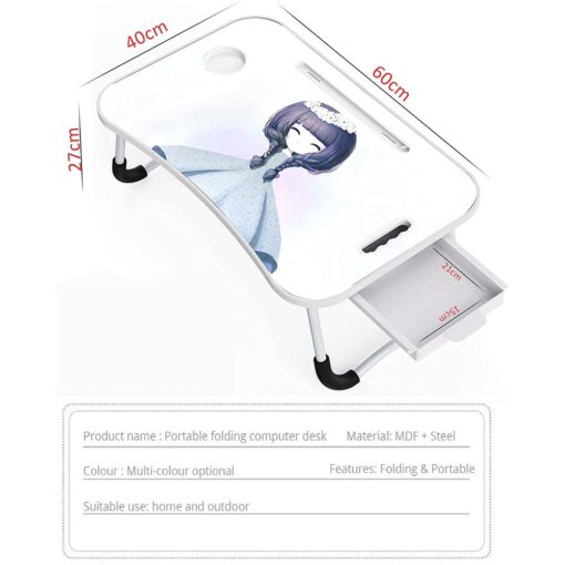 SND Homes Multi-Purpose Foldable Cartoon Beauty Laptop Bed Table with Drawer Storage Wood Portable Laptop Table  (Finish Color - White, Pre Assembled) - Image 2