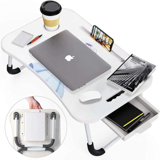 SND Homes Multi-Purpose Foldable Cartoon Beauty Laptop Bed Table with Drawer Storage Wood Portable Laptop Table  (Finish Color - White, Pre Assembled) - Image 3