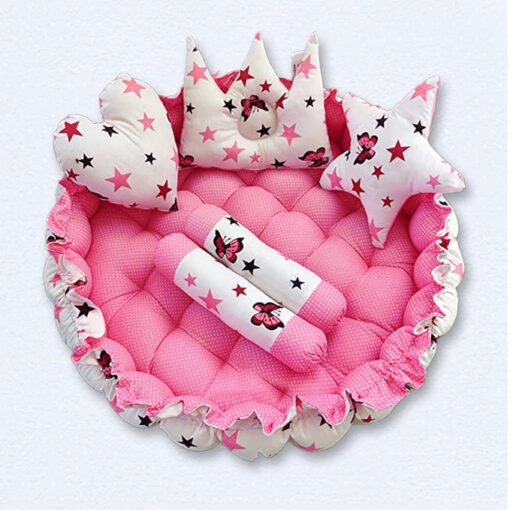StarAndDaisy Round Baby Tub Bed With 5 Baby Pillows - Luxury Baby Sleeping Bedding Set for Newborn to Toddlers - Pink and White - Image 4