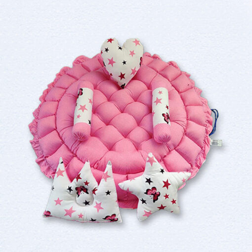 StarAndDaisy Round Baby Tub Bed With 5 Baby Pillows - Luxury Baby Sleeping Bedding Set for Newborn to Toddlers - Pink and White - Image 2
