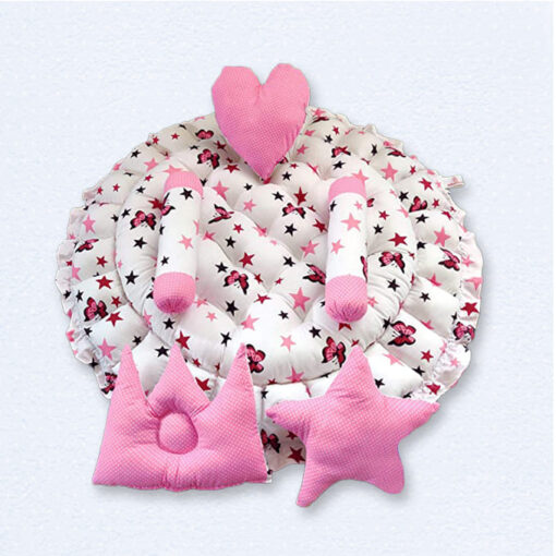 StarAndDaisy Round Baby Tub Bed With 5 Baby Pillows - Luxury Baby Sleeping Bedding Set for Newborn to Toddlers - Pink and White - Image 3