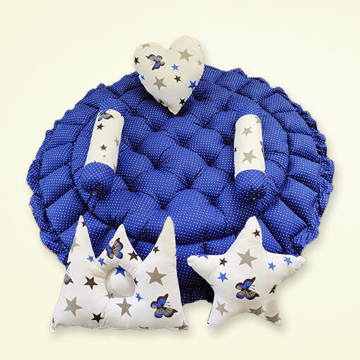 StarAndDaisy Round Baby Tub Bed With 5 Baby Pillow Luxury Baby Mattress Bed Sleeper Bedding Set Co-Sleeper, Rich Cotton Fabric with R-Filled Ultra-Soft Comfortable for Newborn to Toddlers (White & Blue) - Image 4