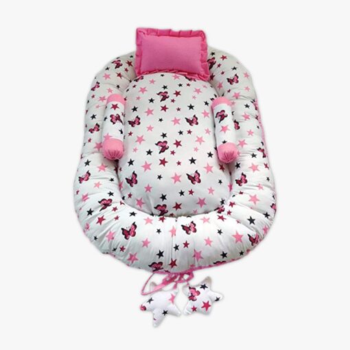 StarAndDaisy Baby Nest Bed with 3 Baby Pillows - Luxury Baby Mattress Sleeper Bedding Set for Newborn to Toddlers - Pink and White - Image 3