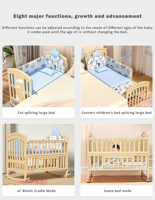 StarAndDaisy 12 in 1 Baby Wooden Cot Bed, Convertible Manual Cradle with Mattress, Bumper Set, Mosquito Net & Adjustable Stand (Natural Wood | With Mattress & Bumper Set) - Image 14