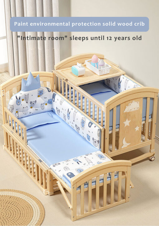 StarAndDaisy 12 in 1 Baby Wooden Cot Bed, Convertible Manual Cradle with Mattress, Bumper Set, Mosquito Net & Adjustable Stand (Natural Wood | With Mattress & Bumper Set) - Image 3