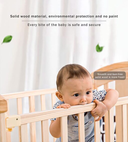 StarAndDaisy 12 in 1 Baby Wooden Cot Bed, Convertible Manual Cradle with Mattress, Bumper Set, Mosquito Net & Adjustable Stand (Natural Wood | With Mattress & Bumper Set) - Image 4