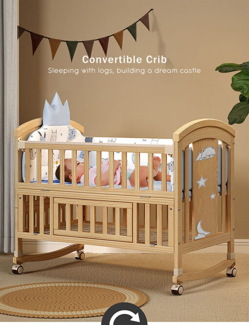 StarAndDaisy 12 in 1 Baby Wooden Cot Bed, Convertible Manual Cradle with Mattress, Bumper Set, Mosquito Net & Adjustable Stand (Natural Wood | With Mattress & Bumper Set) - Image 5