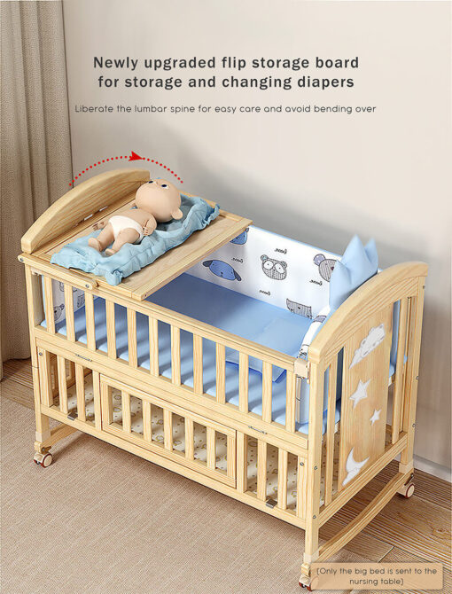 StarAndDaisy 12 in 1 Baby Wooden Cot Bed, Convertible Manual Cradle with Mattress, Bumper Set, Mosquito Net & Adjustable Stand (Natural Wood | With Mattress & Bumper Set) - Image 7
