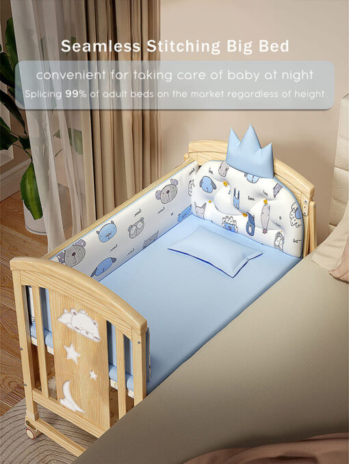 StarAndDaisy 12 in 1 Baby Wooden Cot Bed, Convertible Manual Cradle with Mattress, Bumper Set, Mosquito Net & Adjustable Stand (Natural Wood | With Mattress & Bumper Set) - Image 9