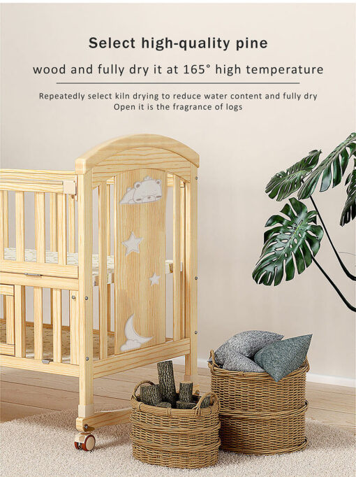 StarAndDaisy 12 in 1 Baby Wooden Cot Bed, Convertible Manual Cradle with Mattress, Bumper Set, Mosquito Net & Adjustable Stand (Natural Wood | With Mattress & Bumper Set) - Image 10