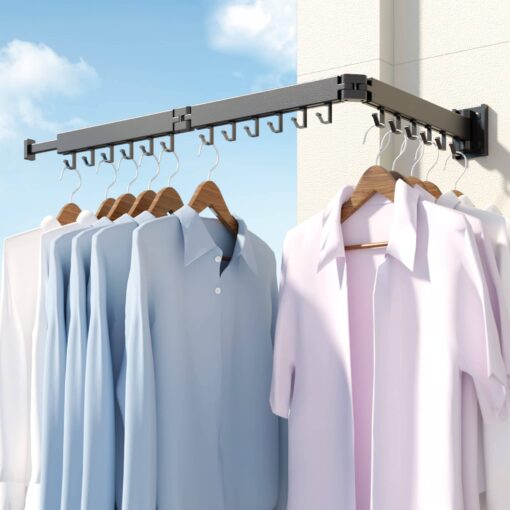 SND Home Wall Mounted Folding Clothes Drying Rack, Collapsible and Retractable Space Saver Heavy Duty Laundry Drying Rack with Towel Bar (Black) - Image 3