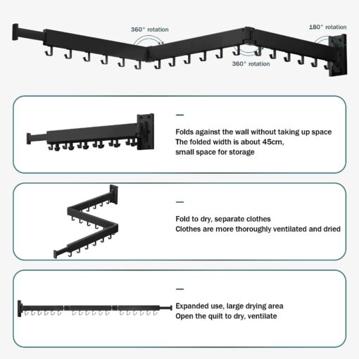 SND Home Wall Mounted Folding Clothes Drying Rack, Collapsible and Retractable Space Saver Heavy Duty Laundry Drying Rack with Towel Bar (Black) - Image 10