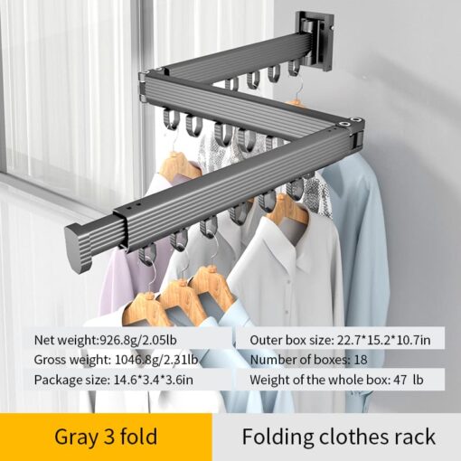SND Home Wall Mounted Folding Clothes Drying Rack, Collapsible and Retractable Space Saver Heavy Duty Laundry Drying Rack with Towel Bar (Grey) - Image 2