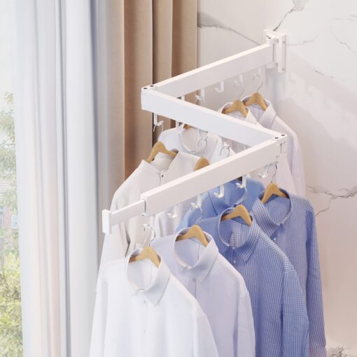 SND Home Wall Mounted Folding Clothes Drying Rack, Collapsible and Retractable Space Saver Heavy Duty Laundry Drying Rack with Towel Bar (White) - Image 2