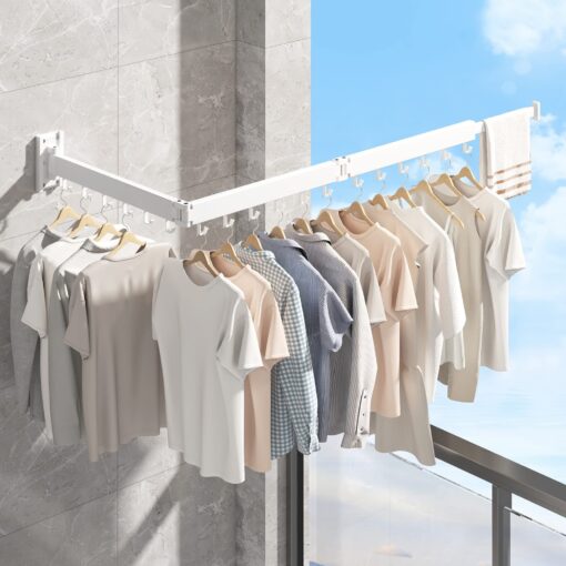 SND Home Wall Mounted Folding Clothes Drying Rack, Collapsible and Retractable Space Saver Heavy Duty Laundry Drying Rack with Towel Bar (White) - Image 3