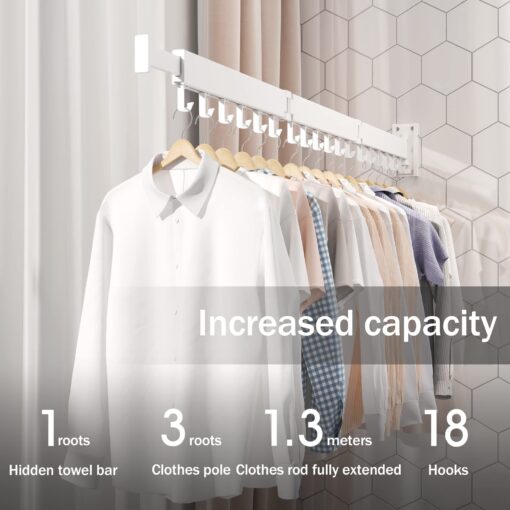 SND Home Wall Mounted Folding Clothes Drying Rack, Collapsible and Retractable Space Saver Heavy Duty Laundry Drying Rack with Towel Bar (White) - Image 5