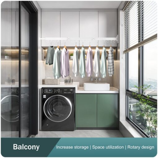 SND Home Wall Mounted Folding Clothes Drying Rack, Collapsible and Retractable Space Saver Heavy Duty Laundry Drying Rack with Towel Bar (White) - Image 6