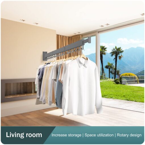 SND Home Wall Mounted Folding Clothes Drying Rack, Collapsible and Retractable Space Saver Heavy Duty Laundry Drying Rack with Towel Bar (Grey) - Image 7