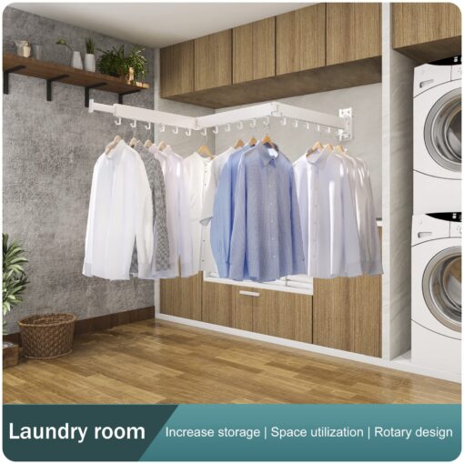 SND Home Wall Mounted Folding Clothes Drying Rack, Collapsible and Retractable Space Saver Heavy Duty Laundry Drying Rack with Towel Bar (White) - Image 8