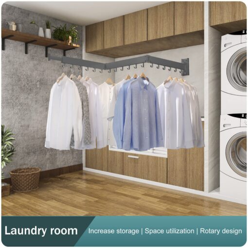 SND Home Wall Mounted Folding Clothes Drying Rack, Collapsible and Retractable Space Saver Heavy Duty Laundry Drying Rack with Towel Bar (Grey) - Image 9