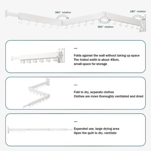 SND Home Wall Mounted Folding Clothes Drying Rack, Collapsible and Retractable Space Saver Heavy Duty Laundry Drying Rack with Towel Bar (White) - Image 10