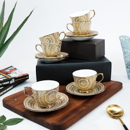 SND Homes Pack of 6 Bone China Cup & Saucer Set of 6 - Carpet Series  (Golden) - Image 2
