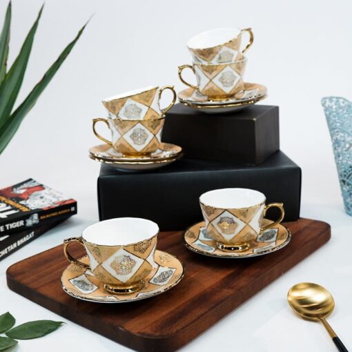SND Homes Pack of 6 Bone China Cup & Saucer Set of 6 - Carpet Series  (Golden) - Image 2