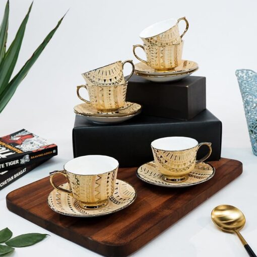 SND Homes Pack of 6 Bone China Cup & Saucer Set of 6 - Carpet Series  (Golden) - Image 2