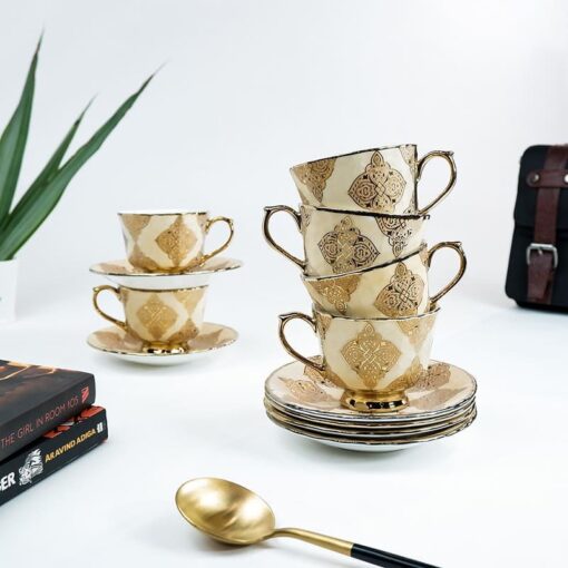 SND Homes Pack of 6 Bone China Cup & Saucer Set of 6 - Carpet Series  (Golden)