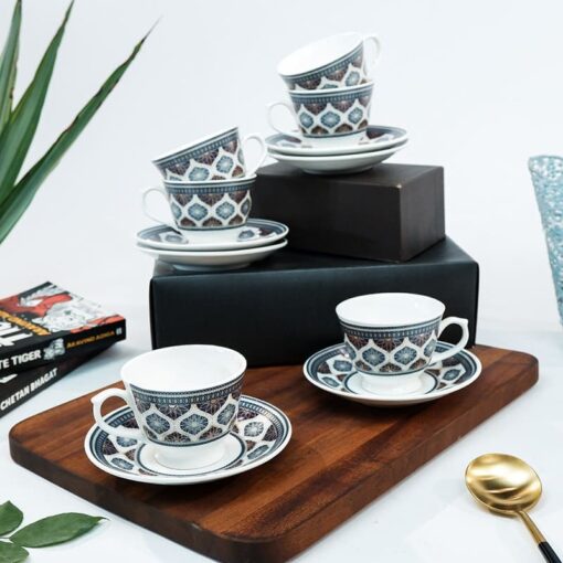 SND Homes Pack of 6 Bone China Cup & Saucer Set of 6 - Carpet Series (White) - Image 2